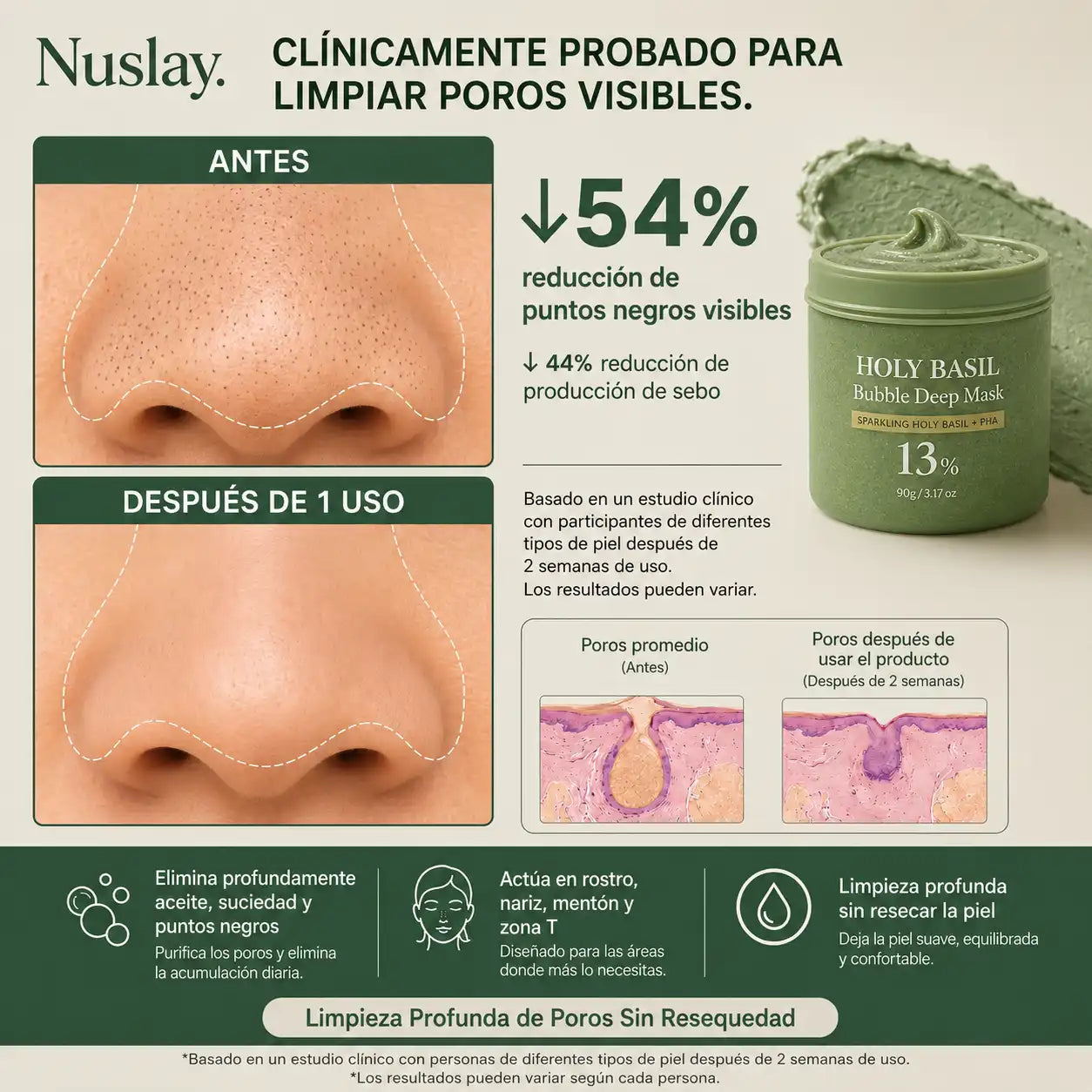 Nuslay Mascarilla Burbuja resultado antes y después - poros más limpios y piel más luminosa